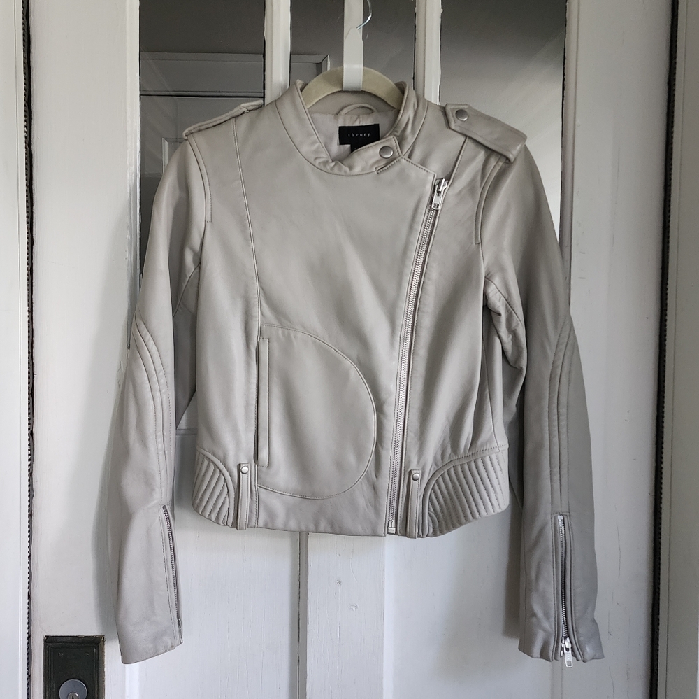 Theory Lamb Leather Cream Moto Jacket